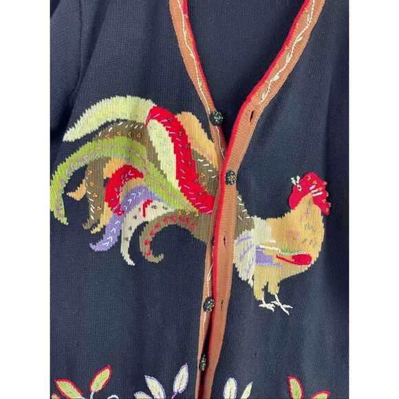 JTWO New York 90s Vintage Vibrant Black Cardigan Rooster Embroidery And Beaded W - Picture 8 of 9